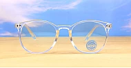 Large round clear blue blocker glasses with silver stud detail and flexible steel hinges