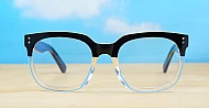 Computer glasses in black and clear gradient or warm tortoise with inner wire temples and steel hinges
