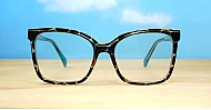 Subtle cat-eye TR90 anti blue light glasses in tortoise with clear or turquoise accents and wire-core temples