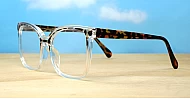 Subtle cat-eye TR90 anti blue light glasses in tortoise with clear or turquoise accents and wire-core temples