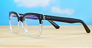 Computer glasses in black and clear gradient or warm tortoise with inner wire temples and steel hinges