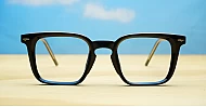 Chunky square blue blue blocker glasses with wire-core temples and steel hinges