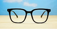 Square black anti blue light glasses with silver details and silver pins on the temples