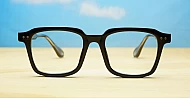 Chunky square shiny black blue light glasses with inner wire temples and steel hinges