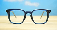 Chunky square blue blue blocker glasses with wire-core temples and steel hinges
