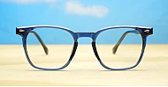 Crystal blue light glasses with translucent blue frame and steel hinges