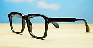 Chunky square shiny black blue light glasses with inner wire temples and steel hinges