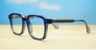 Chunky square blue blue light glasses with inner wire temples and steel hinges