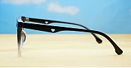 Square black to clear fade blue blocker glasses with silver details and pins