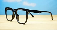 Square black anti blue light glasses with silver details and silver pins on the temples