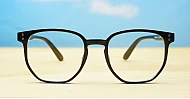 Shiny black TR90 blue block glasses with silver pin temple detailing