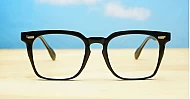 Chunky shiny black square computer glasses with silver temple detailing