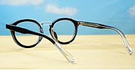 Round black and clear two-tone computer glasses with silver pin temple detailing