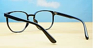 Shiny black TR90 blue block glasses with silver pin temple detailing