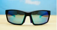 Knox Blue men's sports sunglasses with blue mirror lenses and matte black frames with blue temples
