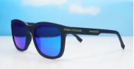 Stride sunglasses with blue mirror lenses matte black frames and coloured pinstripe temples