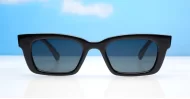The Amos small retro rectangular UV400 sunglasses for women with super dark lenses and gold arm detailing