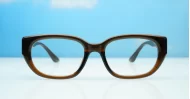 Brown rectangular blue light glasses with clean undetailed frame suited to women