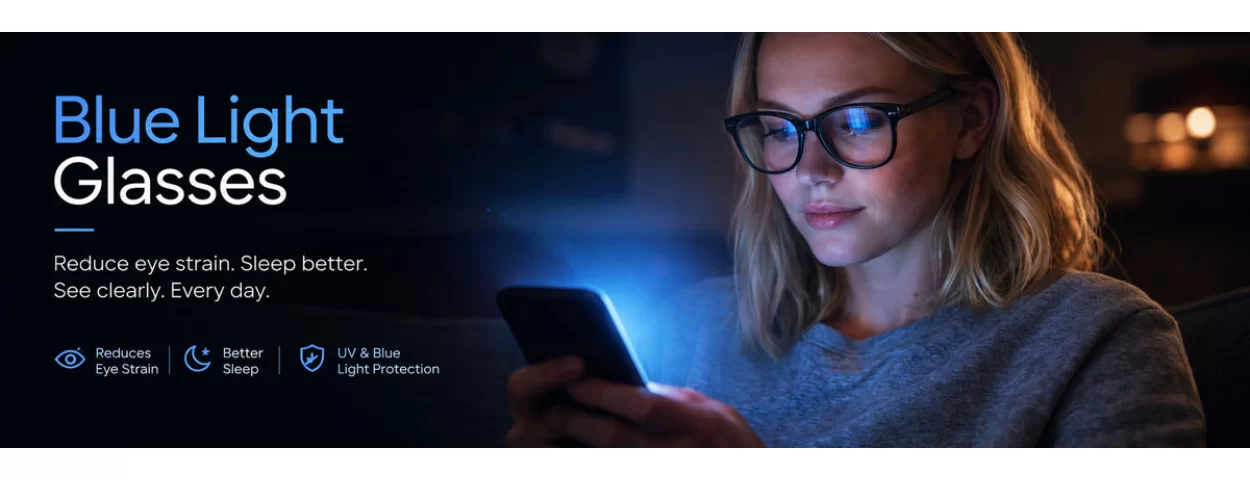 lady wearing blue light glasses looking at her phone in NZ