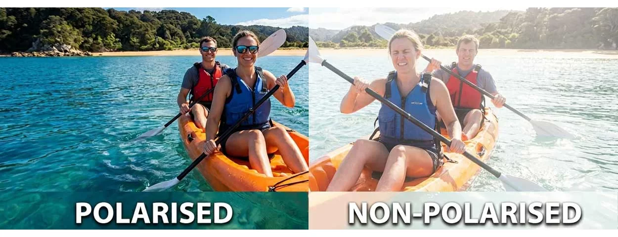 Polarised vs non-polarised sunglasses comparison, couple paddleboarding at Nelson Lakes