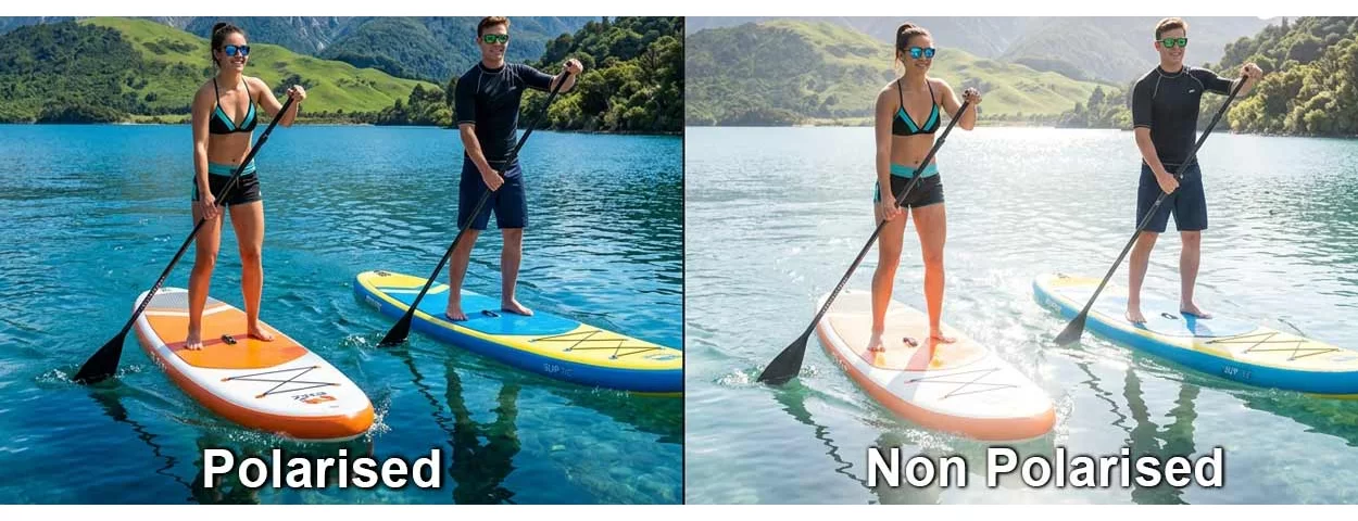 Polarised vs non-polarised sunglasses comparison showing glare reduction, couple paddleboarding at Lake Rotoiti NZ