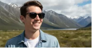The Canyon unisex round UV400 sunglasses in black with coloured pinstripe, gold accents and dark grey Category 3 lenses