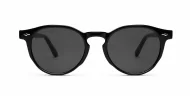 The Acorn small unisex vintage round UV400 sunglasses in shiny black with silver accents and dark lenses
