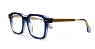 Chunky square blue blue light glasses with inner wire temples and steel hinges