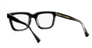 Rectangular blue blocker glasses with black to transparent fade frames and inner core wire temples