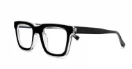 Rectangular blue blocker glasses with black to transparent fade frames and inner core wire temples