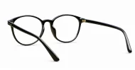 Black computer glasses with gold accents and blue light lenses