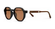 Hexagon shaped polarised sunglasses with faux wood oak temples