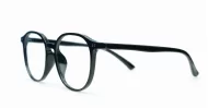 Round shiny black TR90 blue blocker glasses with silver pin temple detailing