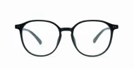 Round shiny black TR90 blue blocker glasses with silver pin temple detailing