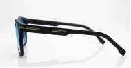 Stride sunglasses with blue mirror lenses matte black frames and coloured pinstripe temples