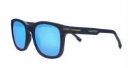 Stride sunglasses with blue mirror lenses matte black frames and coloured pinstripe temples