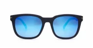Stride sunglasses with blue mirror lenses matte black frames and coloured pinstripe temples