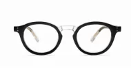 Round black and clear two-tone computer glasses with silver pin temple detailing