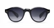 The Gigi round vintage UV400 sunglasses in black with gold arrow detailing and gradient dark grey lenses