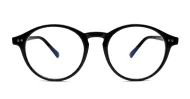 Round black blue block glasses with silver accents and steel hinges