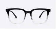 Square black to clear fade blue blocker glasses with silver details and pins