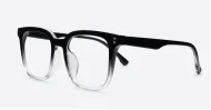 Square black to clear fade blue blocker glasses with silver details and pins