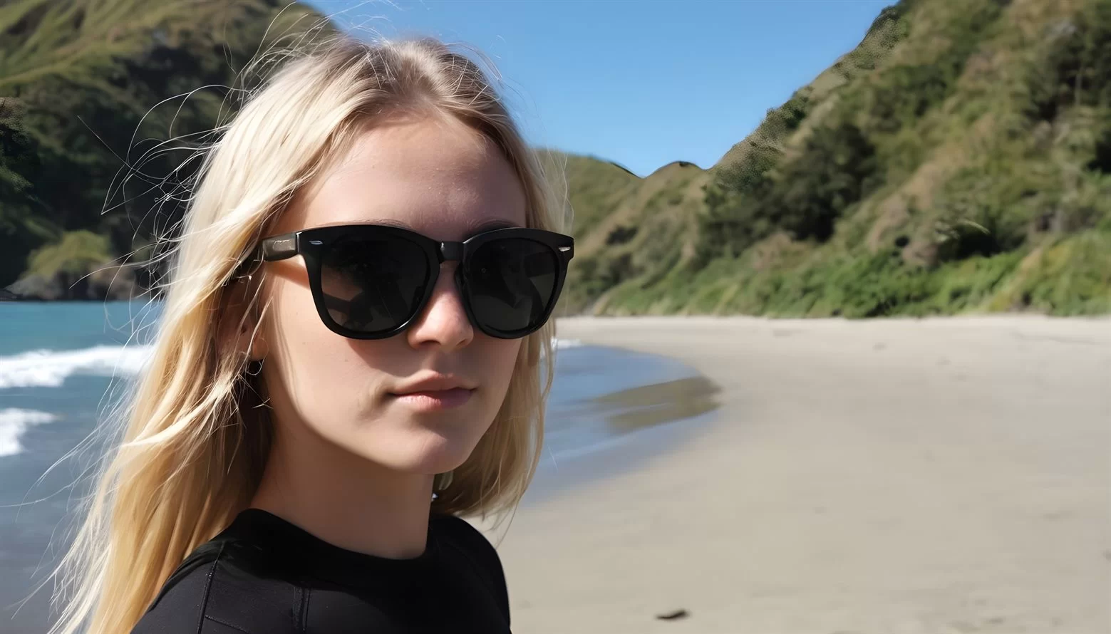 A woman on the beach wearing affordable polarised sunglasses