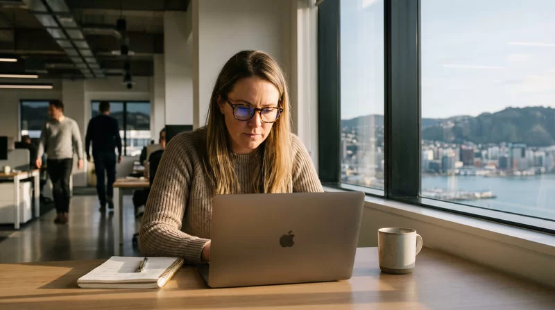 lLady wearing blue light glasses in nz office