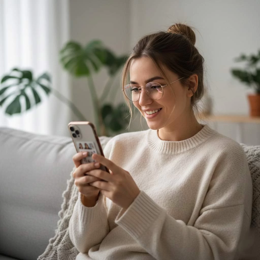 girl looking at phone wearing blue light glasses - iPOP NZ