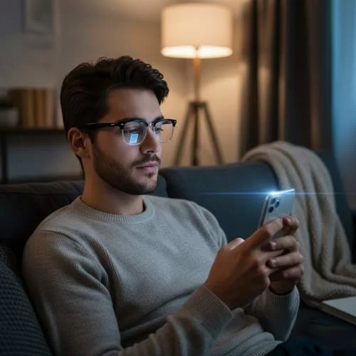 man wearing stylish blue light glasses in NZ with mobile phone