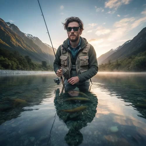 Man wearing fishing sunglasses in an NZ river