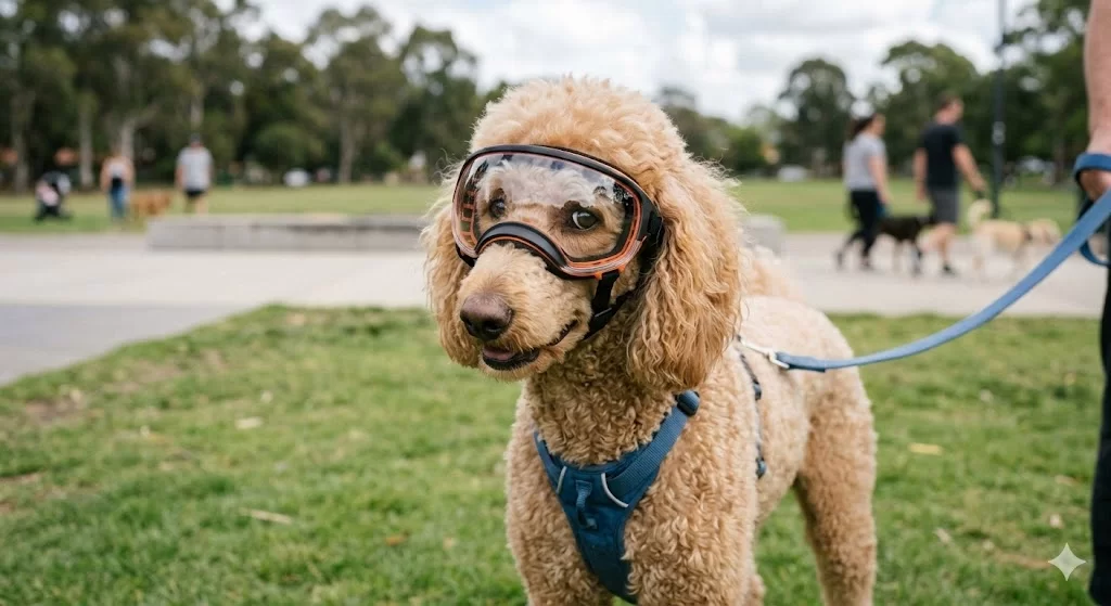 Poodle wearing doggle sunglasses in New Zealand