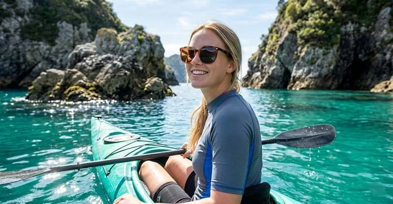Woman wearing sunglasses while kayaking in Nelson, New Zealand