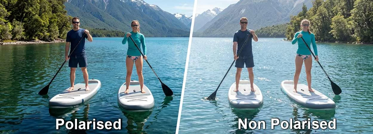 Split-image comparison showing the difference between polarised and non-polarised sunglasses, featuring a couple paddleboarding on Lake Rotoiti in Nelson Lakes National Park. The polarised side shows clear water and vibrant natural colours, while the non-polarised side shows surface glare and reduced clarity.